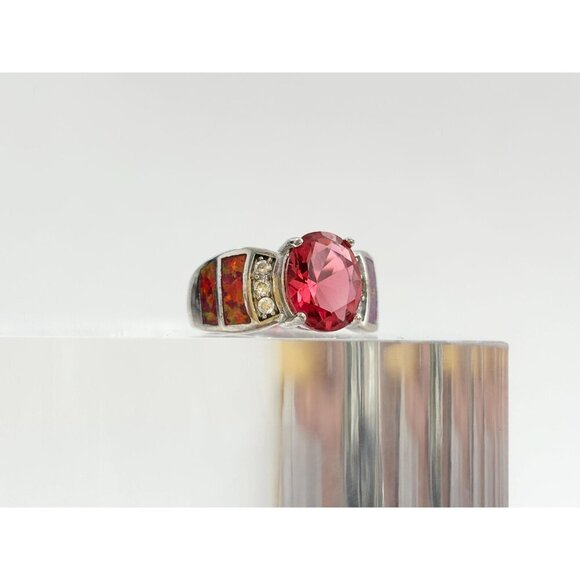 Bright Garnet & Faux Opal Modernist Sterling Silver Vintage Ring - sz 6.5 - Picture 3 of 10